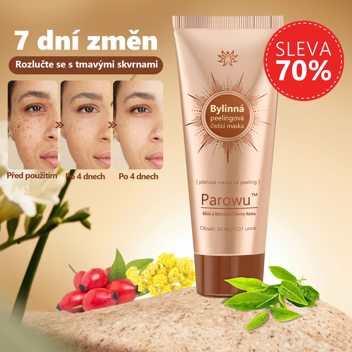 🎁Parowu™ Bělící a Odstraňující Skvrny Maska -🍀Přírodní složky trvale odstraňují pigmentové skvrny, stařecké skvrny, pihy a sluneční skvrny 🎁